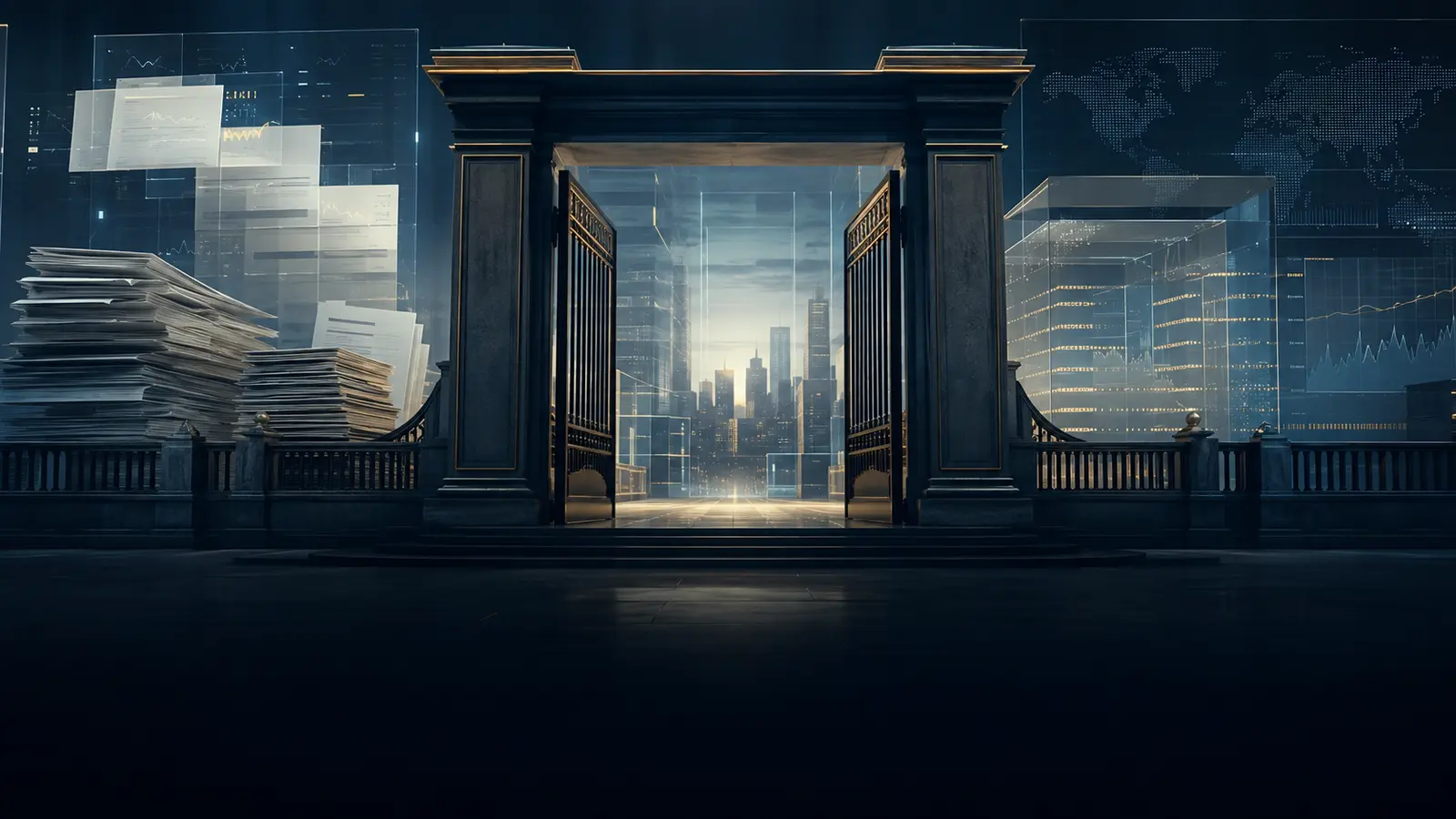 Editorial illustration of a market-access gateway, compliance documents and a transparent share ledger