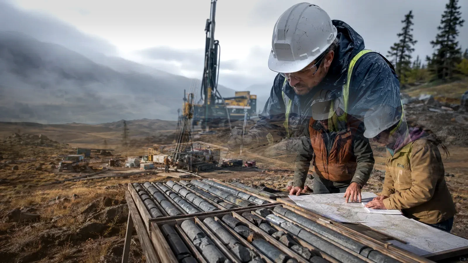 Exploration geologists reviewing drill core and project plans during a strategic mining transaction