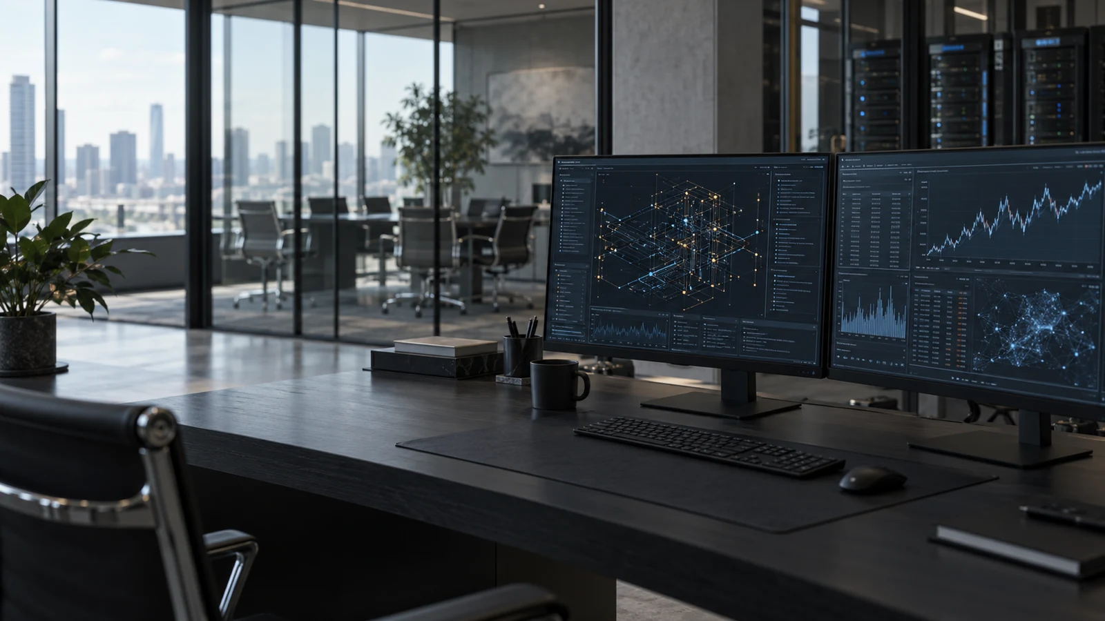 Conceptual illustration of a financial technology software workspace; not Quantum X premises, personnel or actual EntangleX screens.