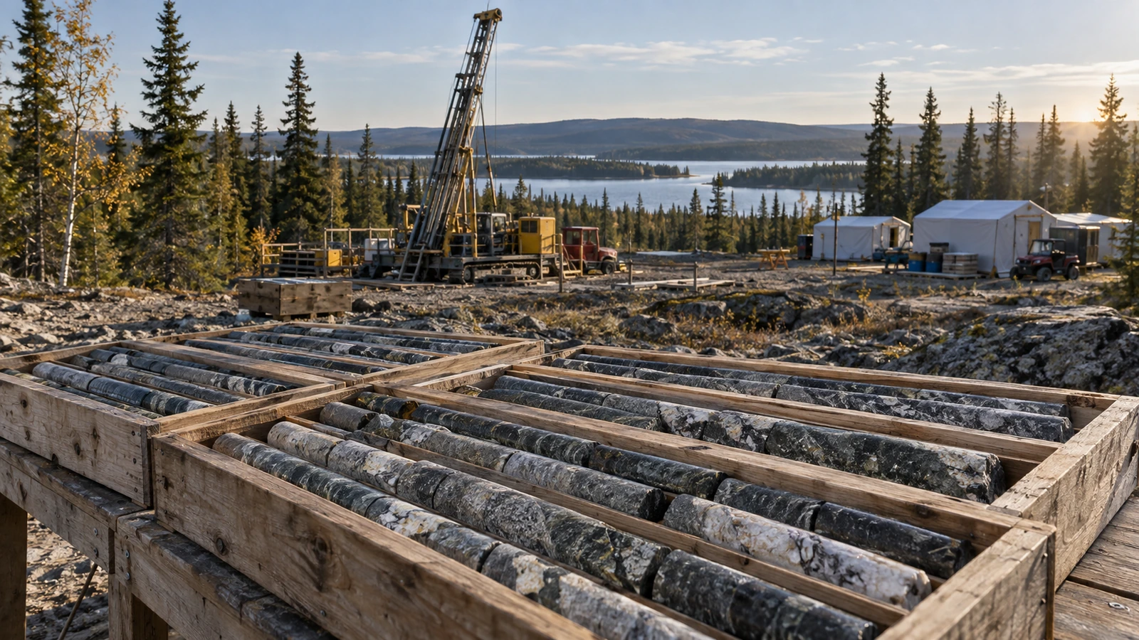 Conceptual boreal exploration camp with a diamond drill and core trays.