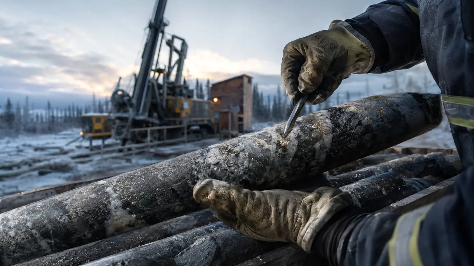 Conceptual editorial illustration of deep gold exploration and drill core in Québec; representative image, not a photograph of the September 21 O’Brien drill holes.
