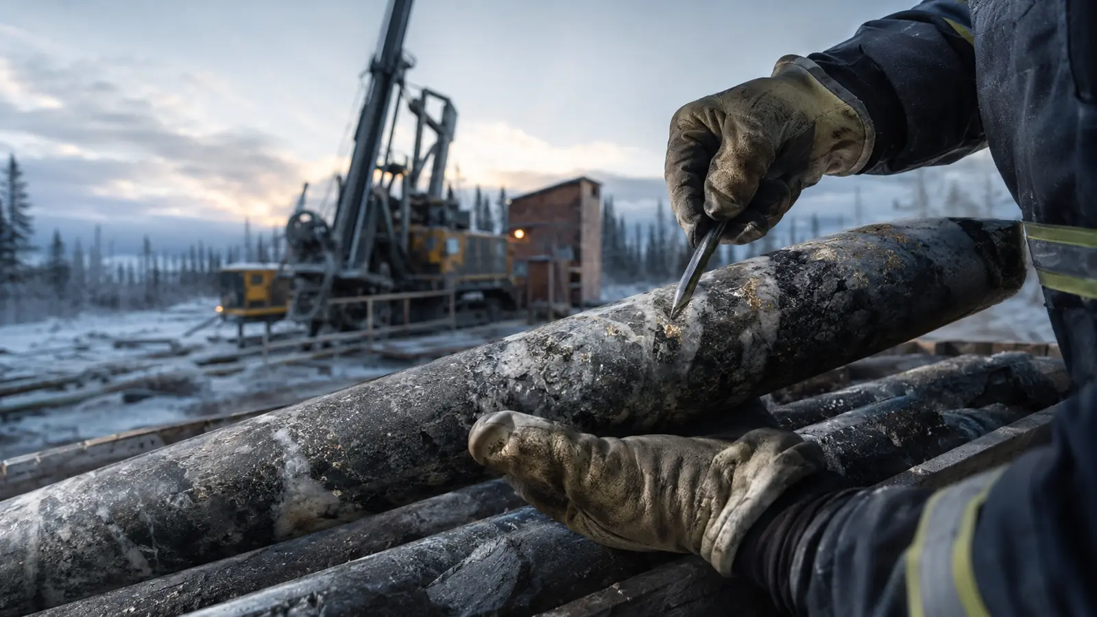 Close view of quartz-sulphide drill core being examined at a cold-weather gold exploration site in Quebec