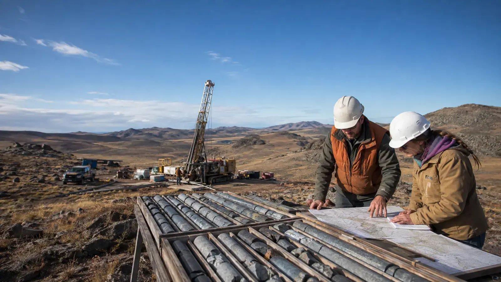 Geologists handling oriented diamond core beside a drill rig in Wyoming's South Pass terrain