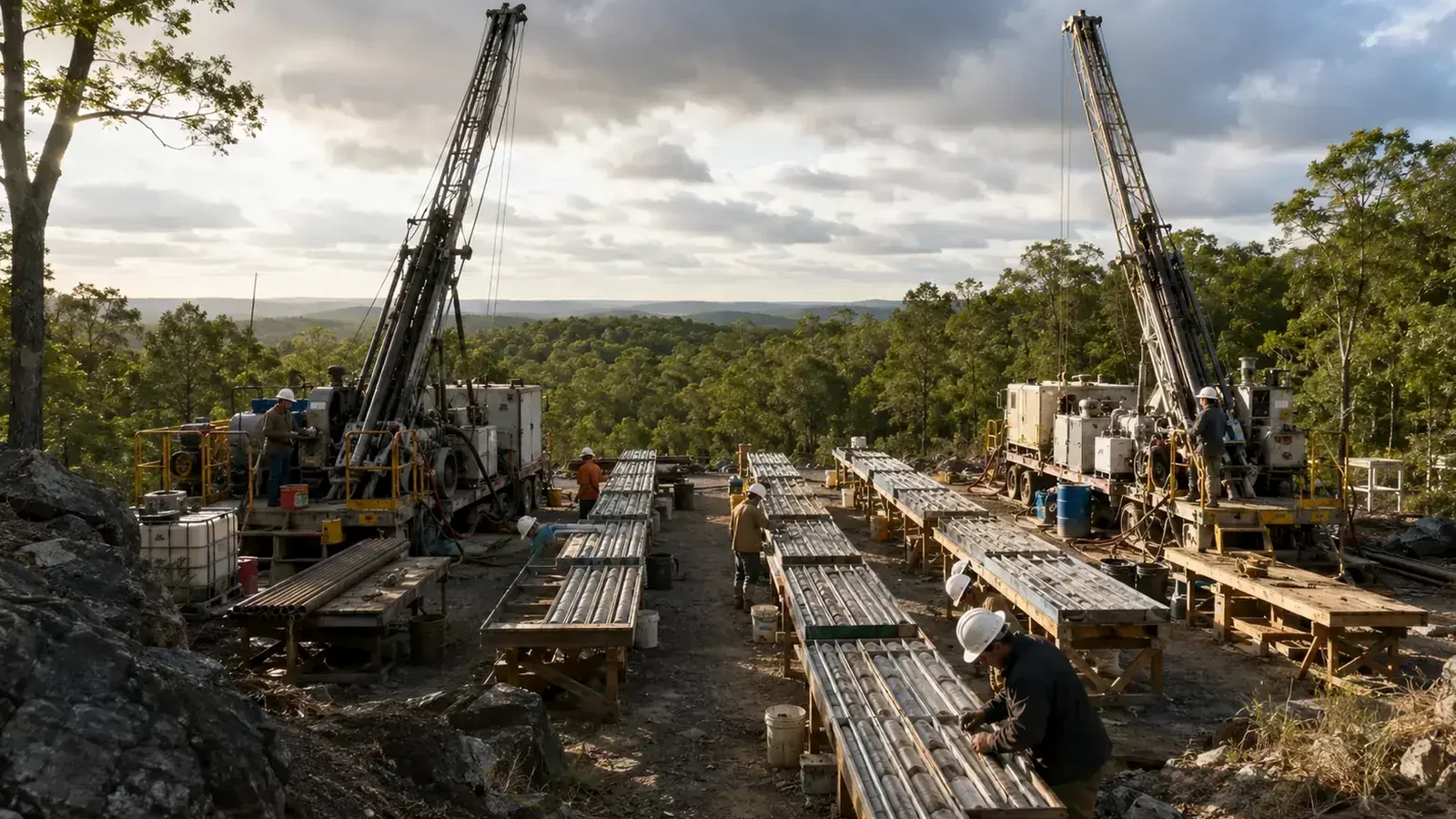 Conceptual editorial illustration of silver exploration drilling across Idaho’s Silver Valley; representative image, not a photograph of Sunshine Silver’s planned drill sites.