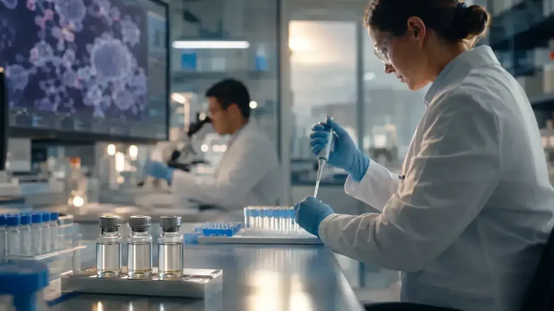 Conceptual editorial illustration of RNA data, multimodal clinical information and computational drug-discovery networks; representative image, not a product interface from Tempus or Recursion.