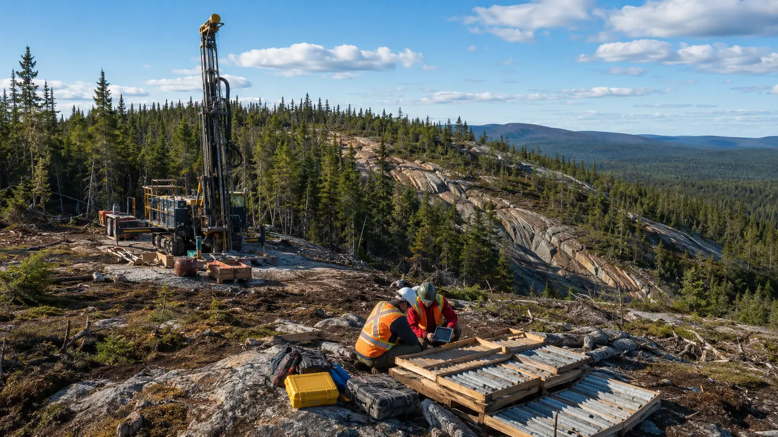 New diamond drill setup and core logging at a forested New Brunswick gold exploration project