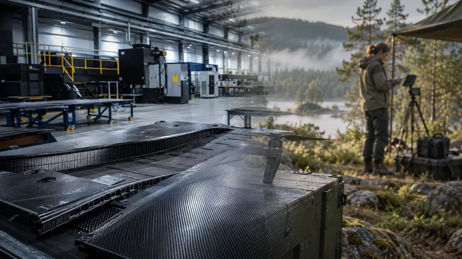 Conceptual editorial composite of advanced composite manufacturing and an unmanned field system; representative image, not a photograph of the Tiderock-Extremis prototype program.