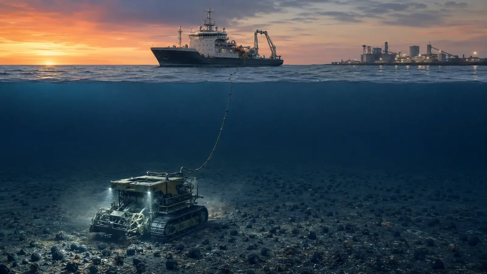 Conceptual deep-sea nodule program with a research vessel, subsea collector and distant port processing facility