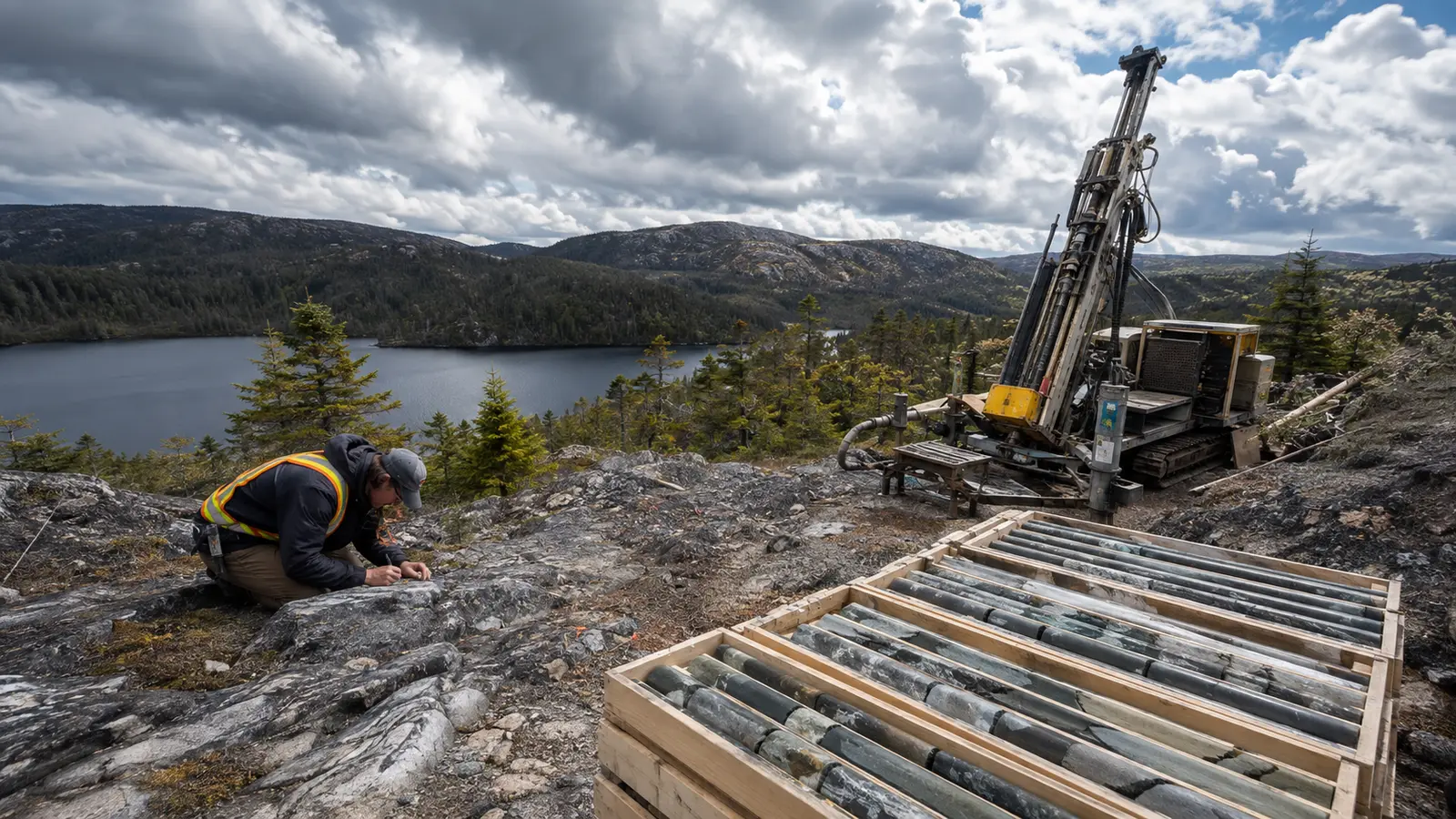 Geologist mapping an exposed outcrop near a drill rig and core trays at a remote Newfoundland polymetallic project