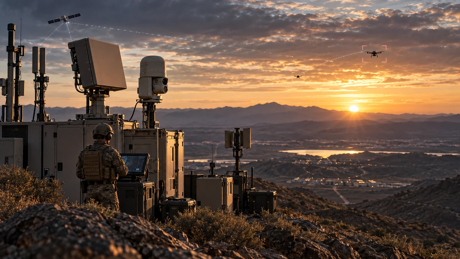 Conceptual editorial illustration of an AI-enabled space and radar network detecting drones for VisionWave ARGUS.
