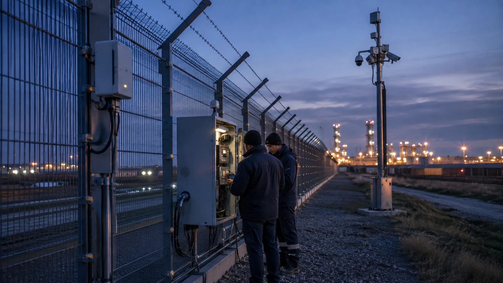 Security engineers inspecting electronic perimeter-sensor hardware along an industrial fence