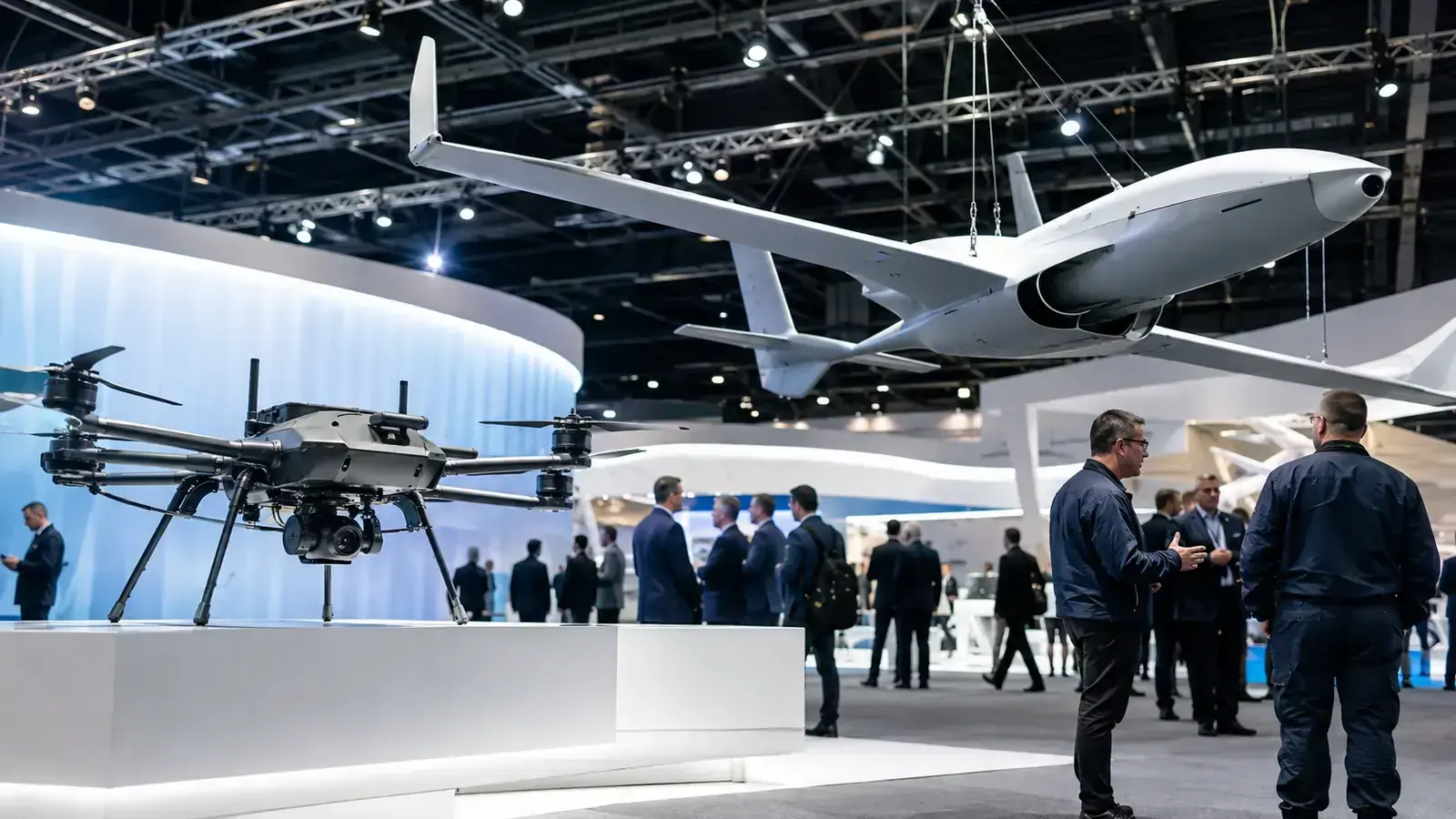 Two autonomous aerial platforms displayed in a modern defense-technology exhibition hall