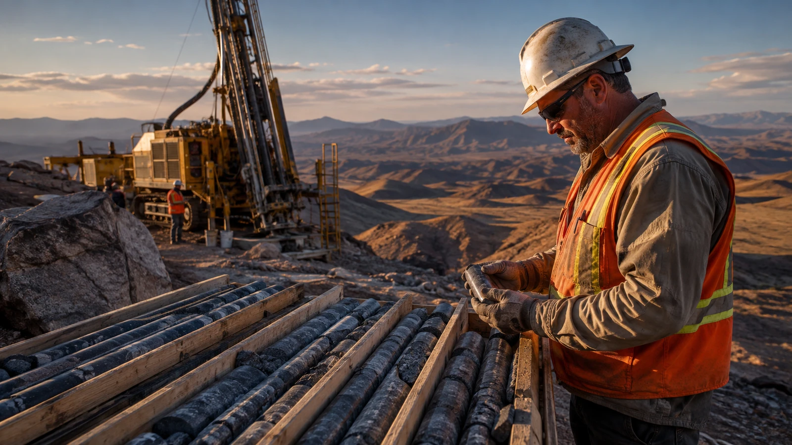 Gold exploration geologist examining drill core beside an active rig in the Arizona desert