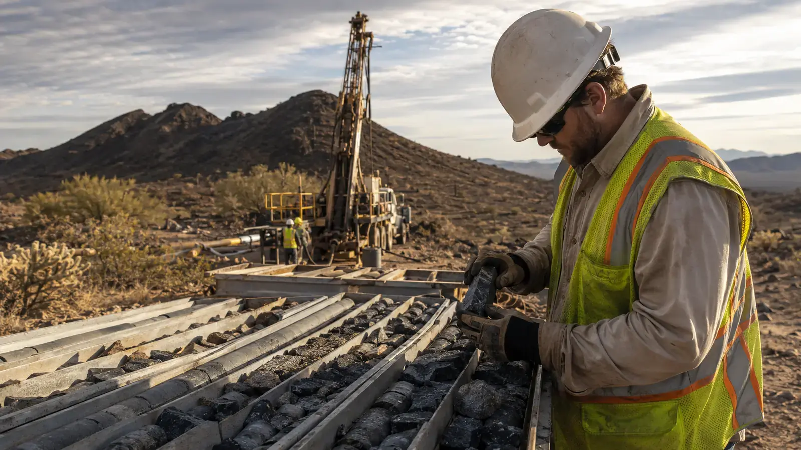 Geologist reviewing drill core beside an active gold exploration rig in the Arizona desert