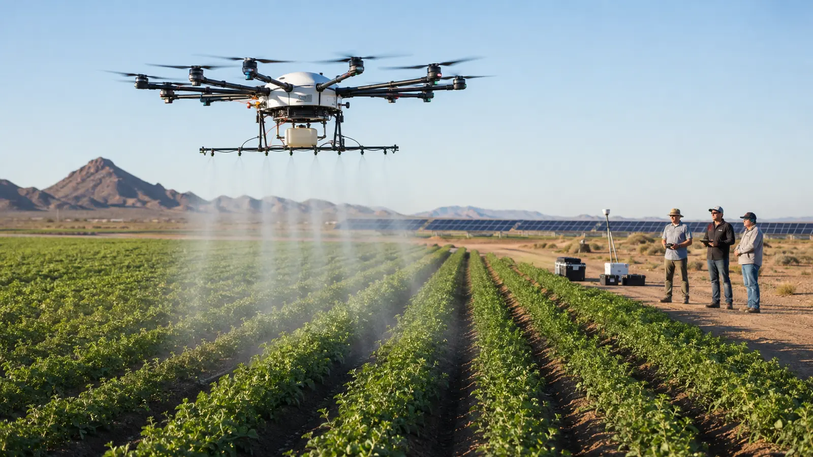 Eight-motor agricultural drone prototype conducting a controlled field test over Arizona crop rows